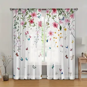 2pcs of "flowers, butterflies, vine leaves, simple, fresh, and comfortable" 3D digital printing technology, decorated with semi transparent window screens in the living room, bedroom, balcony, and study, Home Decoration Curtain