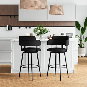 GREHOME Swivel Bar Stool Set 2-Piece 24-inch 30-inch Bar Height Ergonomic Backrest Linen Fabric Chrome Plated Metal Legs Kitchen Islands Dining Areas Black Gray Blue Beige