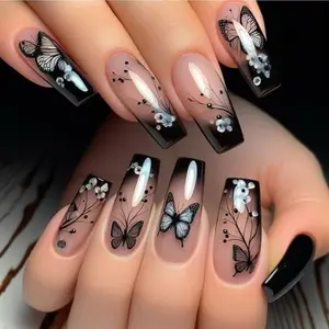 CurvLife Noir Papillon Butterfly Press-On Nails — Long Square tips in black-to-nude ombre with delicate butterfly and floral linework plus 3D pearl accents; non-toxic, durable, and reusable; quick application for chic party or everyday elegance.