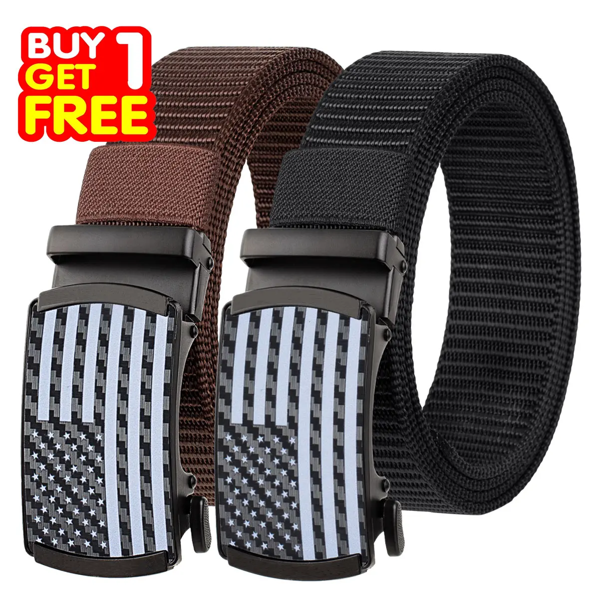 Buy 1 Get 1 Free Classic Ratchet Waist Belt Men's Nylon Belt with American Flag Buckle Automatic Adjustment for Quick Fit & Comfortable Wear Ideal for Jeans Golf Commuting Reversible Design