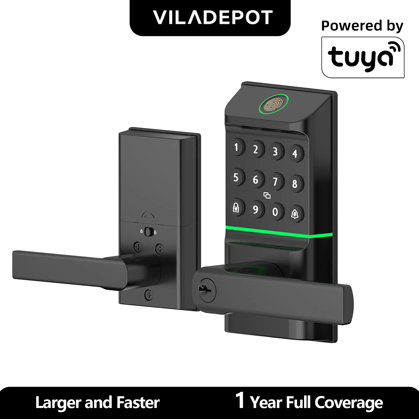 VILADEPOT Keyless Entry Fingerprint Smart Lock with Handle & Keypad Biometric Digital Electronic Lock with Code Electric Deadbolt Door Knob for Front Interior Exterior & Bedroom Doors Black Battery Powered campingessentials