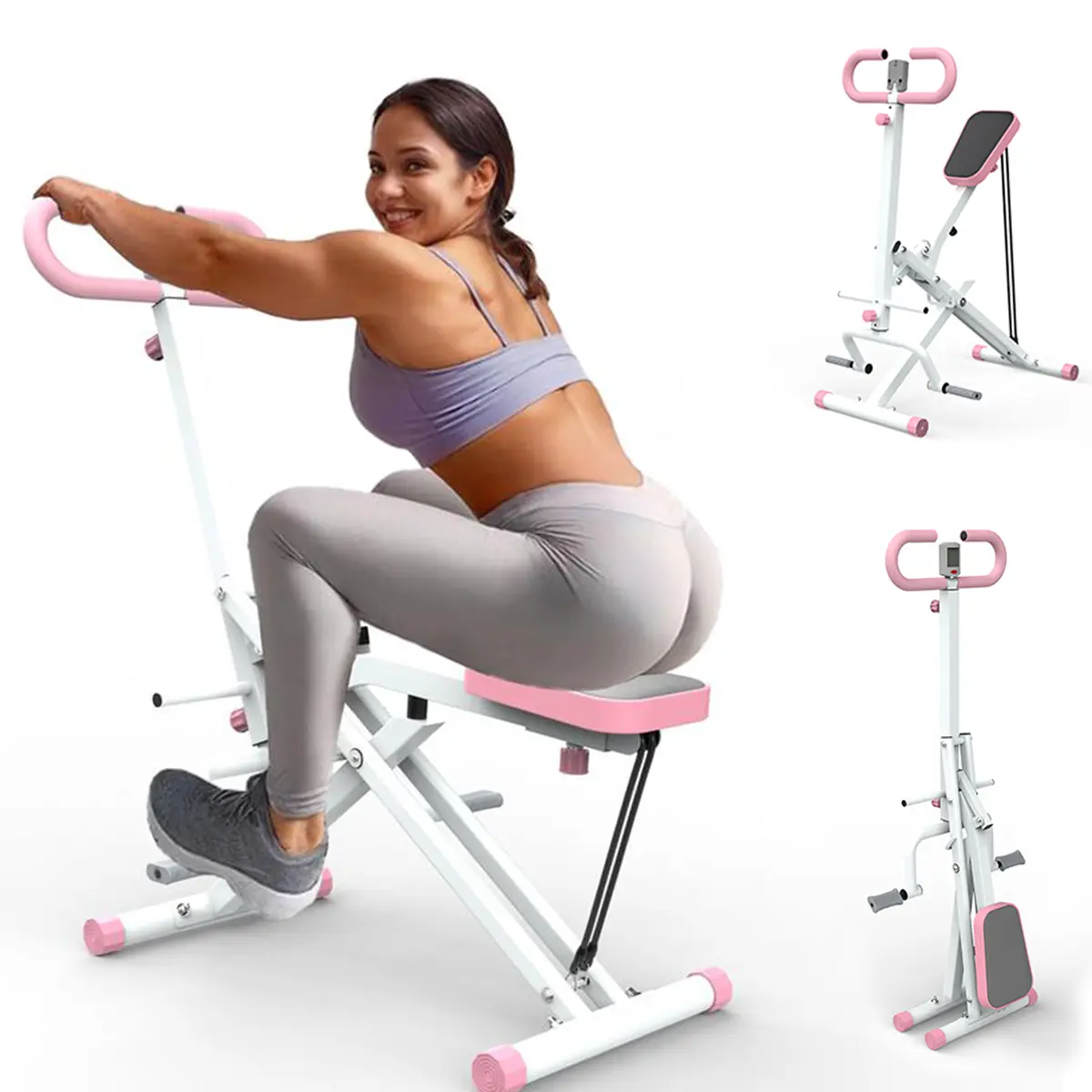 Folding Squat Function Machine - Adjustable Home Gym Equipment with Ride & Rowing Motion, 330lbs Capacity Core Trainer for Glutes, Thighs, Abs, Butt Lifter, Resistance Band Workout & Full Body Training
