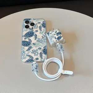 Space Shell Transparent iPhone Case Set with Turtle Pattern, Includes Charger Head Cover and Cable Protector, TPU Shockproof Case for iPhone 11-16 Series