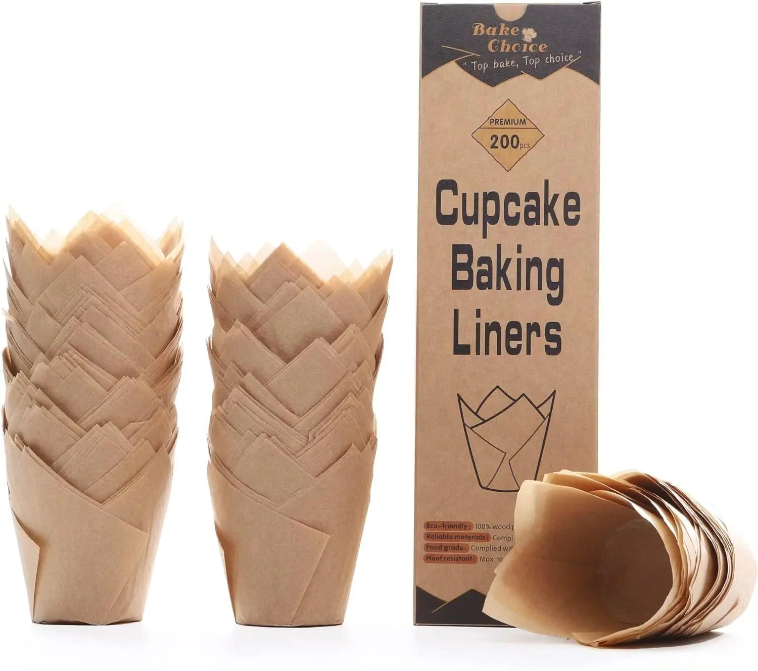 200 Pack Natural Tulip Cupcake Liners, Parchment Paper Muffin Cups, Disposable Cupcake Wrappers for Baking, Parties and Everyday Use