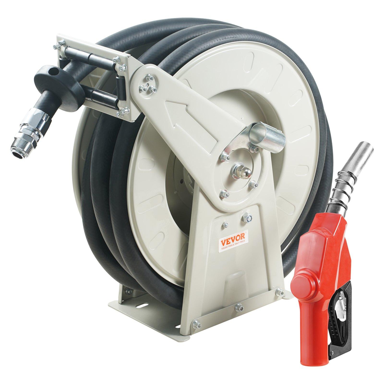 VEVOR Fuel Hose Reel, Summervibes,Extra Long Retractable Diesel Hose Reel, Heavy-Duty Carbon Steel Construction with Automatic Fuel Nozzle, NBR Rubber Hose for Aircraft Ship Vehicle Tank Truck, 300PSI