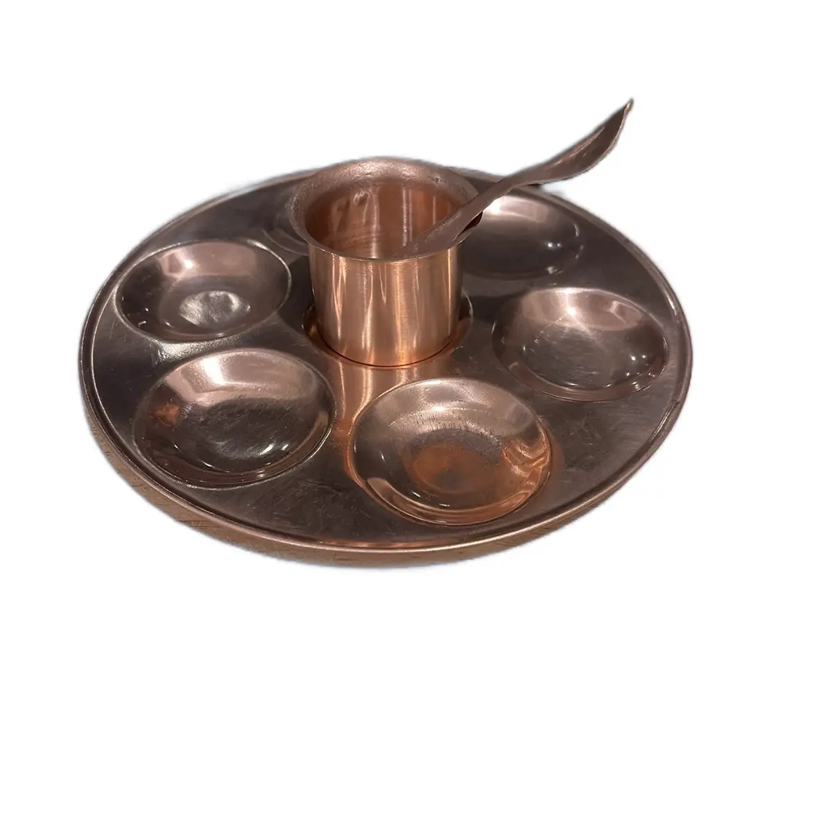 Traditional Puja Thali Plate - Small Kitchen Tableware Set with Jal Pot, Casting Metal, Decorated, Copper Finish, Handmade Brass, Casting Metal Plates, Decorated Plates