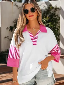 Women's Color Block Striped Polo Shirt - Oversized V Neck Half Sleeve Casual Tunic Top