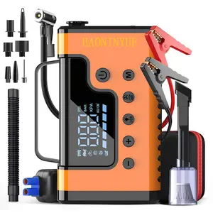 Portable car jump starter, 15000mAh power bank, 12V car battery jump starter with 150 PSI air compressor, 8-in-1 emergency kit including LCD display, LED work light, and car vacuum cleaner.