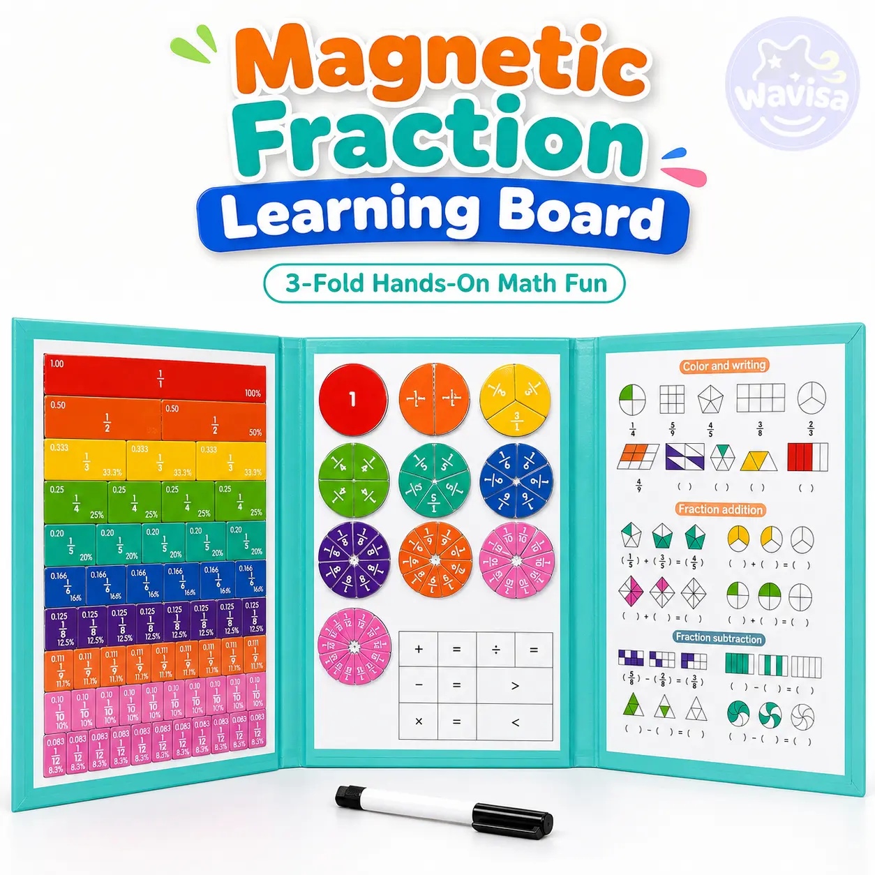 Magnetic Foldable Fraction Workbook for Ages 3+ — Fraction Bars & Circles Kids Can Touch and Move | Math Learning Toy for Pre-K Through Elementary | Montessori STEM Game | Includes Activity Card, Dry-Erase Marker & Storage Pouch