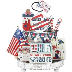 250th Anniversary 4th of July Memorial Day Tiered Tray Decor Wooden Patriotic Decorations Independence Daytiered Tray Decor Red Blue White  Sign Letter Sign for  Table