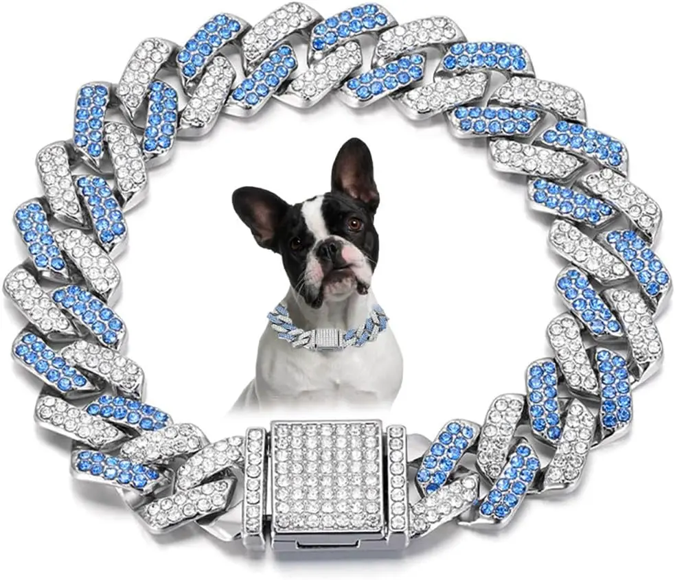 Blue Chain Dog Collar, Bling Diamond Cuban Link Dog Collars Glitter Rhinestone Cat Necklace for for Small Medium Large Pet Dogs Puppy, 10-Inch