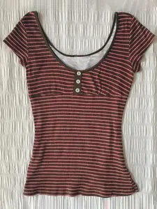 Spring Summer Young Women New T-Shirt, Style Casual Striped Y2K Large U Neck Lace Tee, Button Decorated Fitted Short Sleeve Top, Womenswear