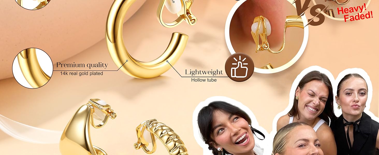 LOLIAS Clip On Earrings for Women 14K Gold Plated Clip Earrings Non Pierced Ears Clips CZ Pearl Knot Twist Chunky Hoop and Studs Earring Set Hypoallergenic Fake Earings Jewelry