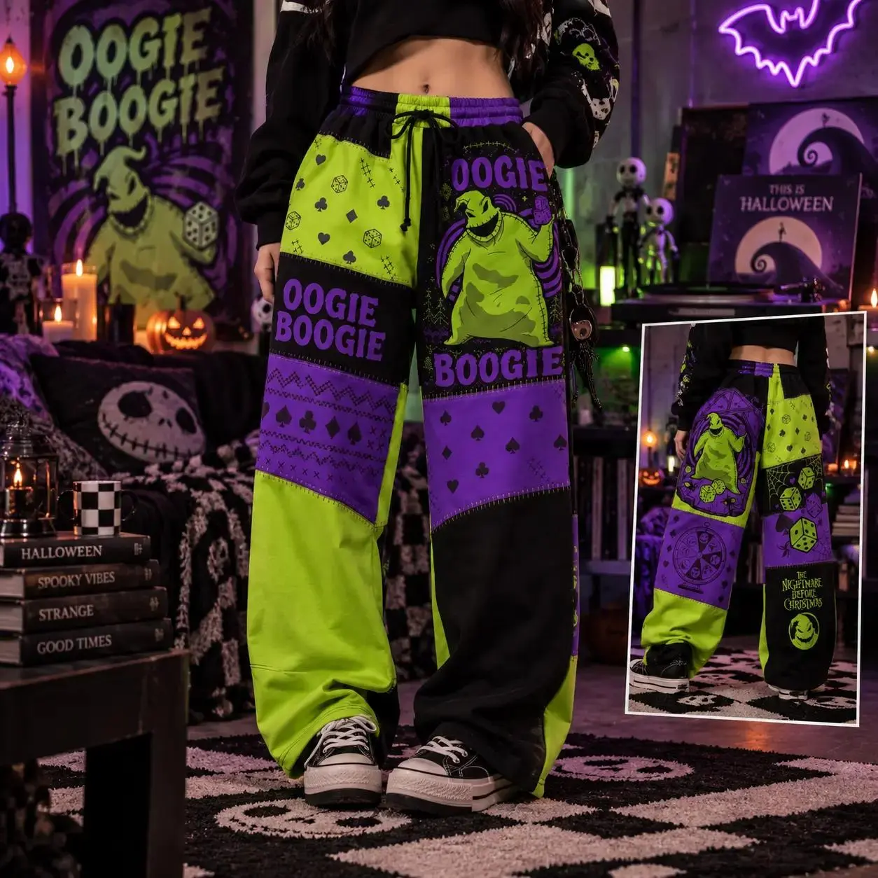 Oogie Boogie Halloween Wide Sweatpants, The Nightmare Before Christmas Graphic Lounge Pants, Drawstring Casual Pants, Spooky Gift for Fans