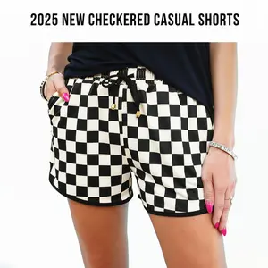 Women's Checkered Adjustable Drawstring Elastic Waist Casual Shorts 2025 with Pockets Fitted  Wear,Womenswear