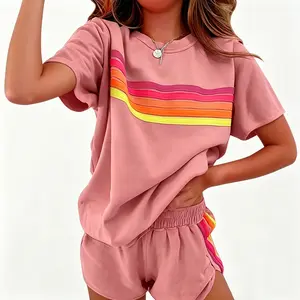 Rainbow Effortless Color-Block Lounge Set | Modern Contrast Lounge Duo | Breezy Color-Pop Set |  Chic Minimalist PJ Duo | Cozy-Core Matching Outfit | Casual Fabric Breathable Homewear Womenswear Lightweight Loungewear two piece set Pink