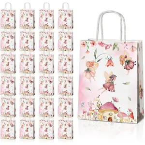 24 Pcs Fairy Party Favor Bags with Handles Woodland Mushroom Goodie Gift Candy Treat Paper Bags for Kids Girls Baby Shower Birthday Party