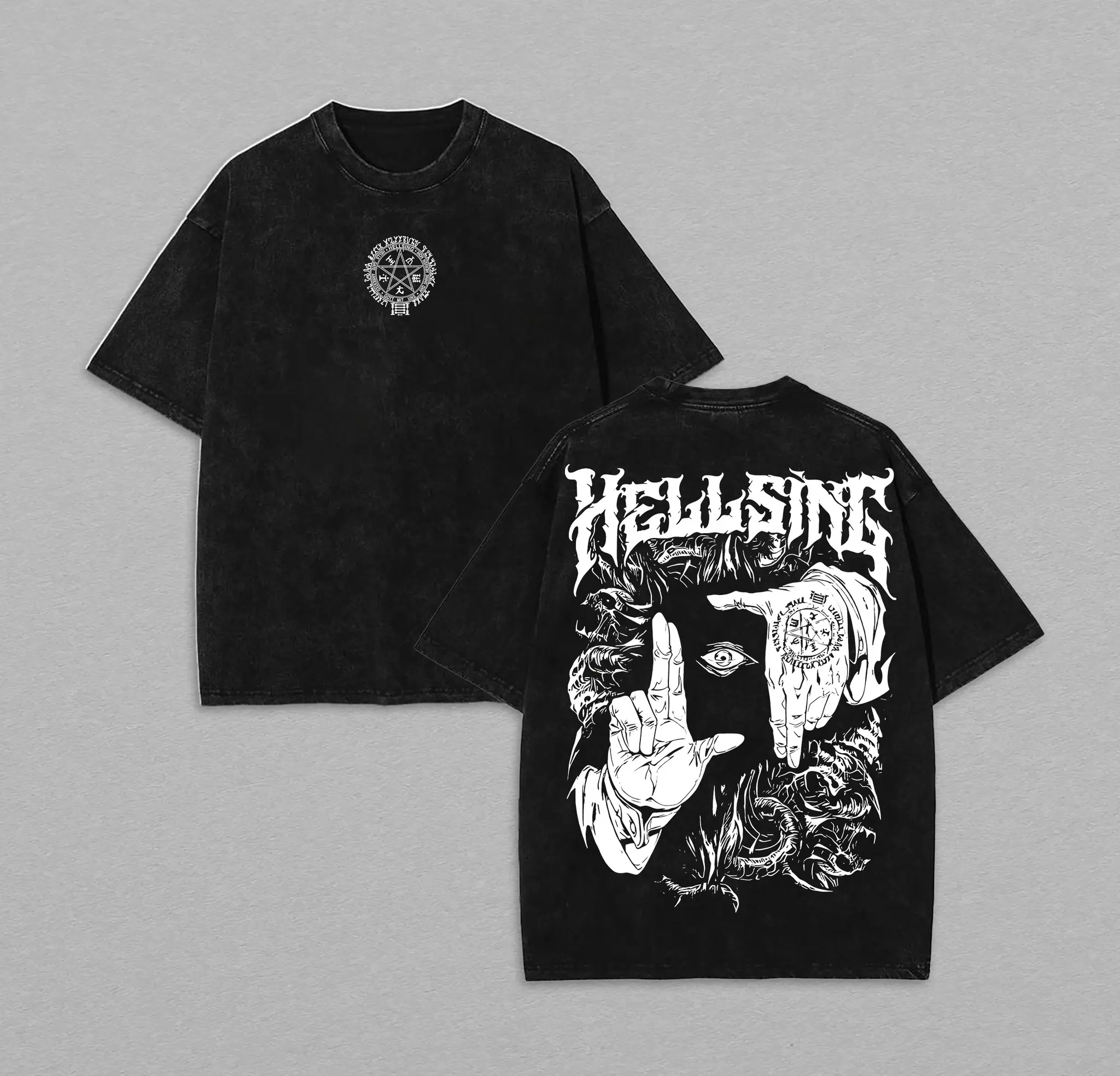Hellsing Alucard Vampire Anime Shirt Acid Wash Heavyweight Cotton Tee Oversized Graphic T Shirt Dark Aesthetic Gym Pump Cover Gothic Y2K Streetwear Front And Back Print Premium Casual Apparel Alternative Top