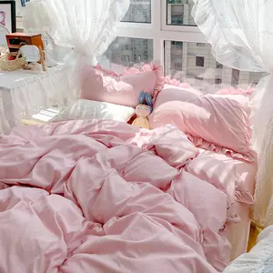 Pink Ruffle Duvet Cover Queen Size Coquette Ruffle Bedding Set 3Pcs Vintage Farmhouse Ruffled Comforter Cover with Zipper Closure Soft Washed Microfiber
