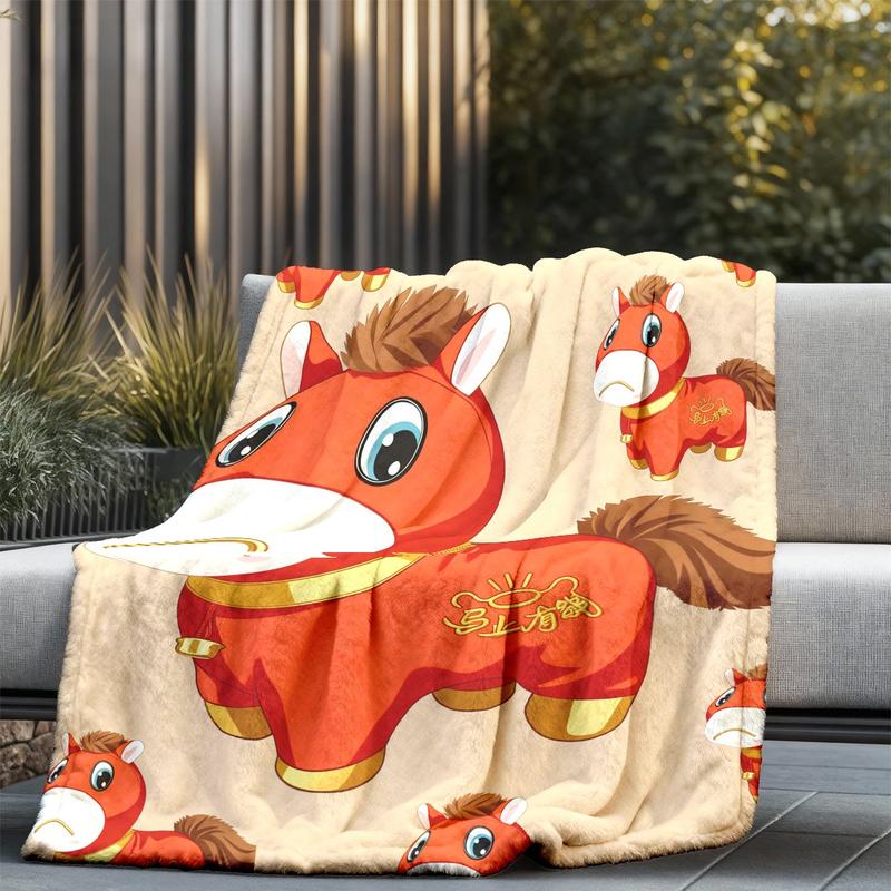 Cute Bitter Horse Theme Flannel Blanket, Large Size, Soft Lightweight Warm, Perfect for Bed Sofa Office Camping Travel Gift