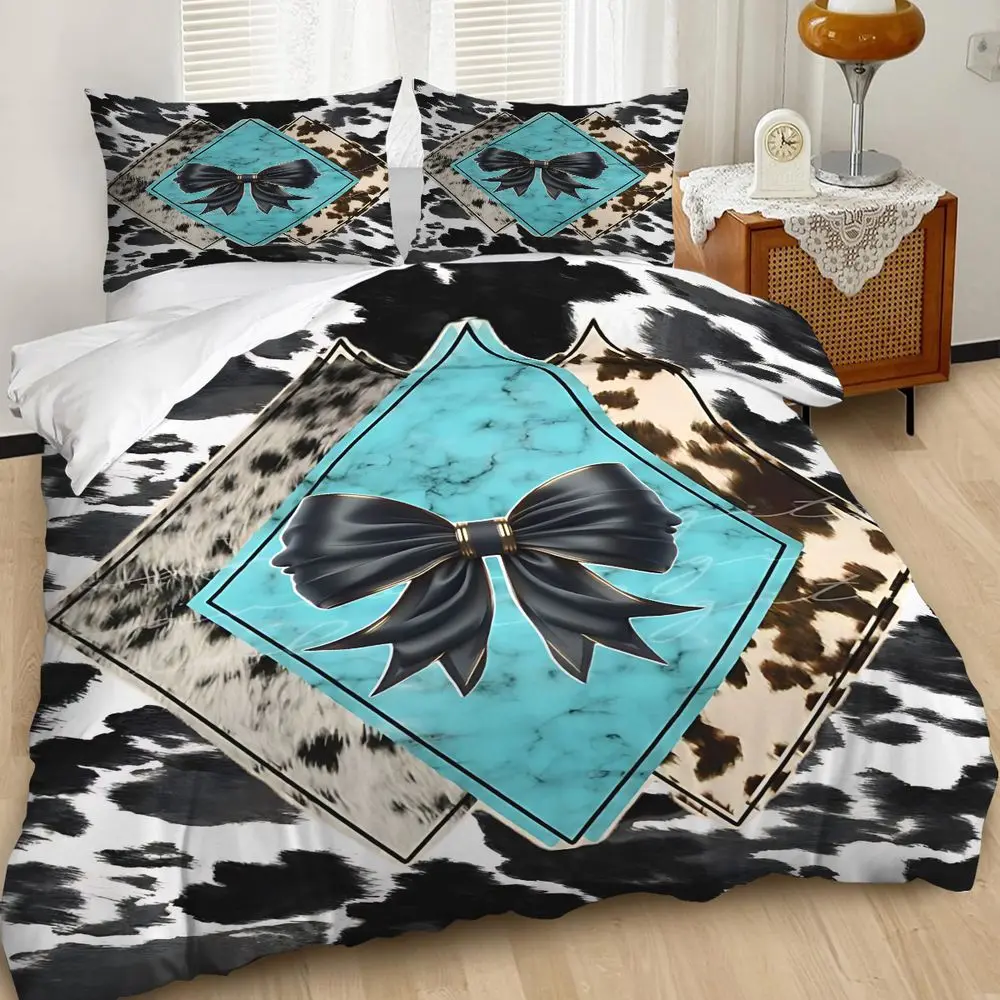 2/3Pcs Turquoise Marble Patterned Duvet Cover Set, Decorative Duvet Cover, Diamond Shape Bedding Set with Black Bow and Gold Band, Bedroom Decor, Includes 1/2 Pillowcase, No Filling, Zipper Closure