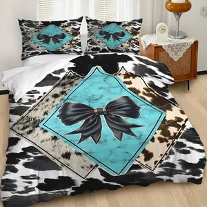 2/3Pcs Turquoise Marble Patterned Duvet Cover Set, Decorative Duvet Cover, Diamond Shape Bedding Set with Black Bow and Gold Band, Bedroom Decor, Includes 1/2 Pillowcase, No Filling, Zipper Closure