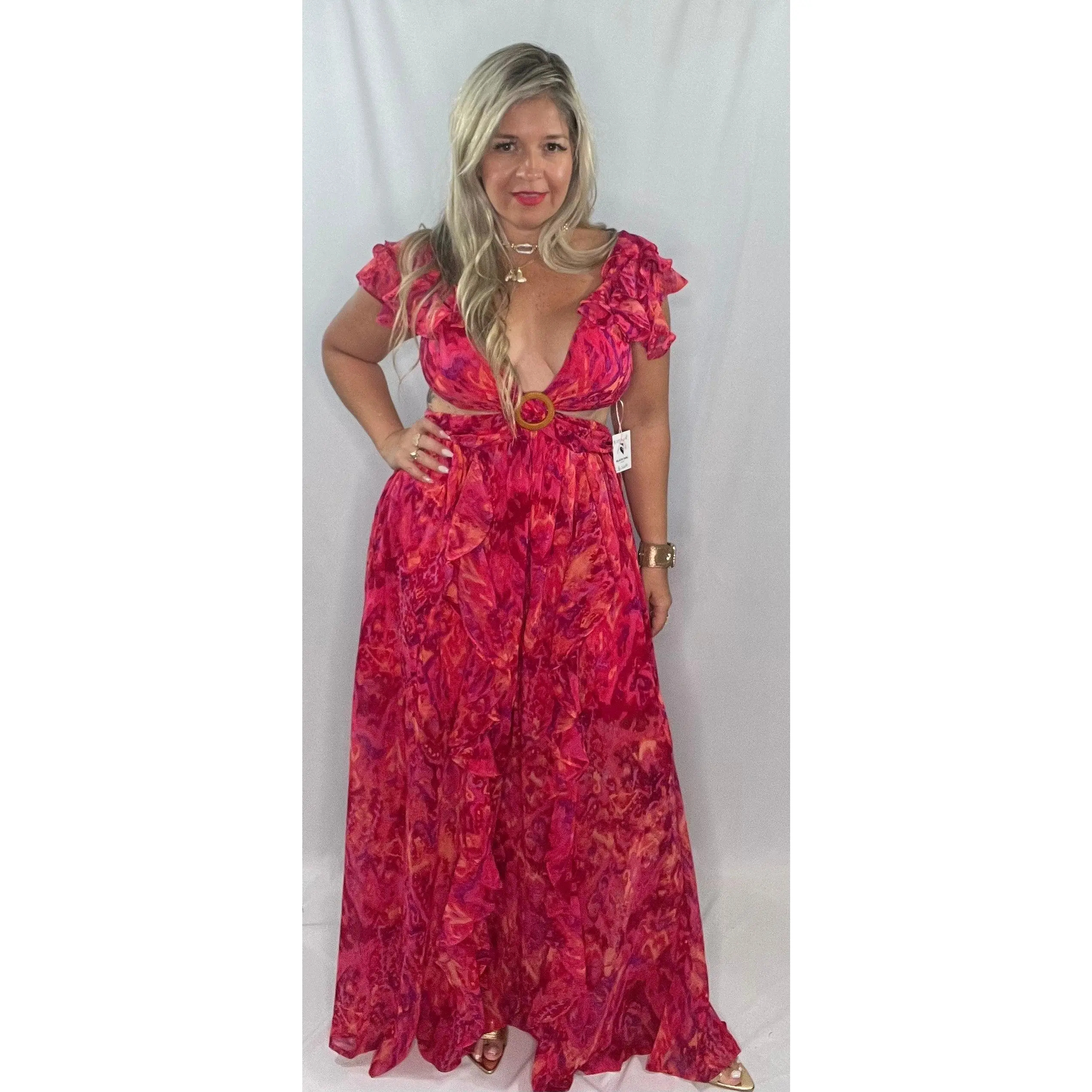 Isabelle Pink Printed Ruffle Maxi Dress
