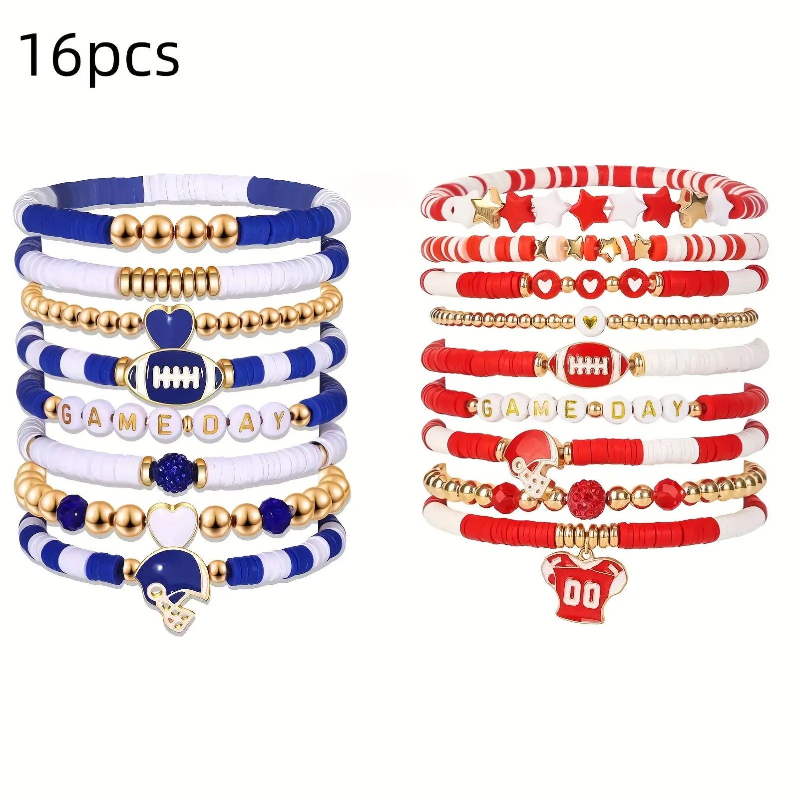 16pcs Handmade Soft Ceramic Beads Stackable & Stretchable Bracelets - Football Charm Bracelet Set with Team Colors, Number 12 & Logo Charms, Game Day for Women, Football Moms - Ideal Gift for Sports Fans (Durable, Comfortable