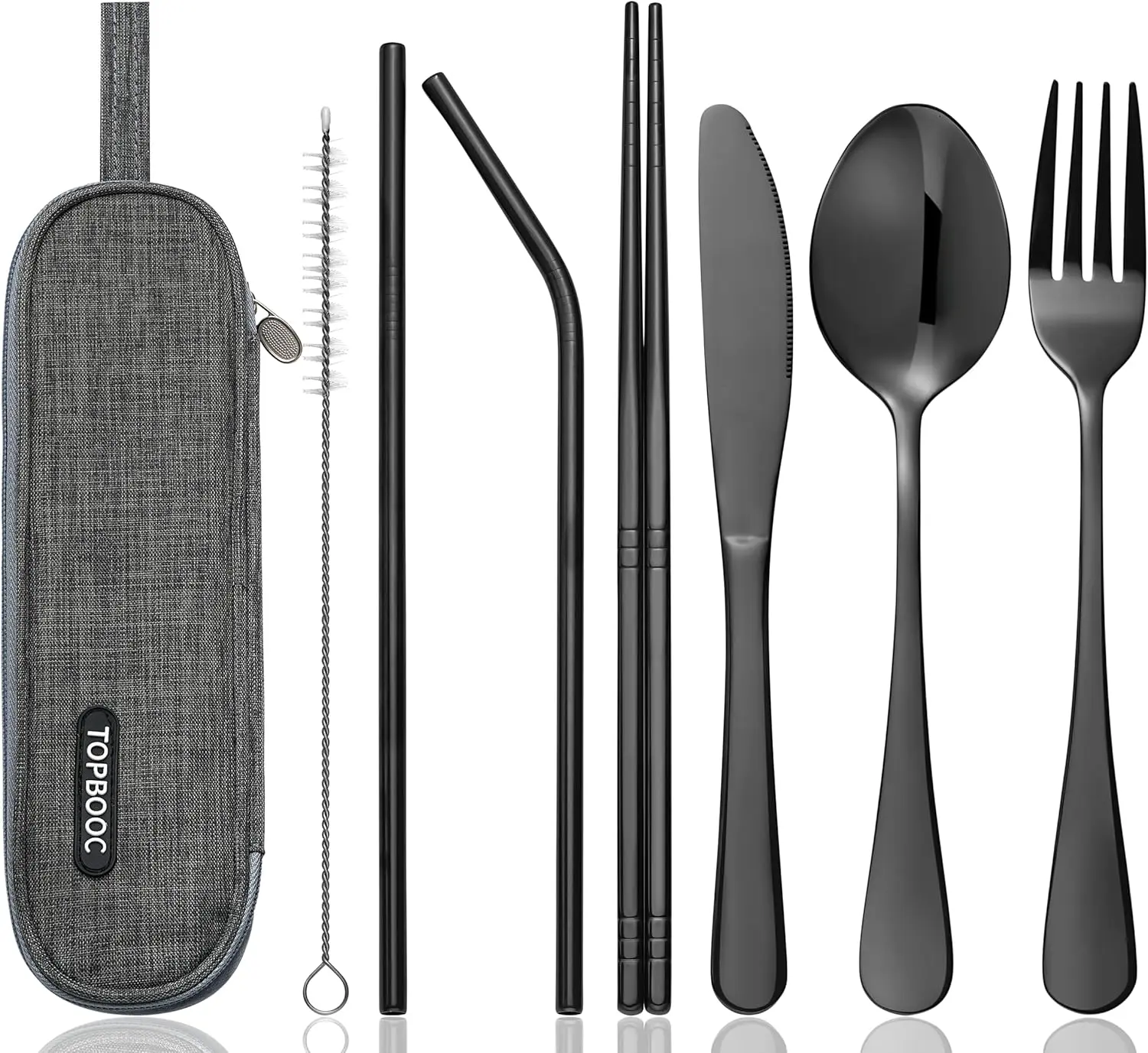 Travel Utensils Set with Case – 8-Piece Reusable Stainless Steel Camping Cutlery Set for Lunchbox, Office, School – Portable Fork Spoon Knife Chopsticks – Dishwasher Safe – Black Topbooc