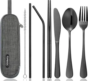 Travel Utensils Set with Case – 8-Piece Reusable Stainless Steel Camping Cutlery Set for Lunchbox, Office, School – Portable Fork Spoon Knife Chopsticks – Dishwasher Safe – Black Topbooc