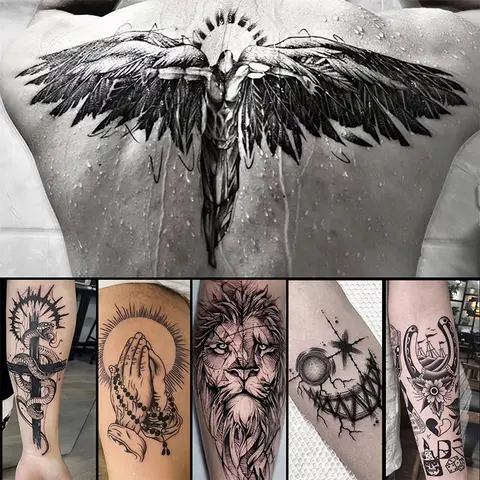 6 Sheets/Set Large Realistic Temporary Tattoos for Men - Assorted Designs: Fallen Angels Wings, Lions, American Flags, Praying Hands - Waterproofed, Anti-Friction, 7-15 Days Lasting, Easy Apply & Removal, All Skin Types - Beauty & Personal Care