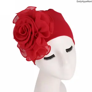 Women's Baroque Double-Layer Big Flower Turban Hat - Elegant Crown Design Ethnic African Satin-Lined Hair Bonnet for Daily Use