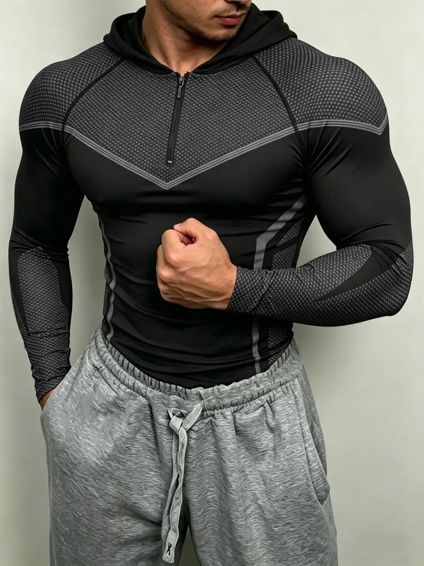 Men's High Elastic Quick-Dry Hooded Fitness Long Sleeve, Mesh Patch Half-Zip Design, Breathable Sweat-Wicking, Sporty Style, All Seasons, Athletic Hooded Shirts, Dry Fit Stretch, Athletic Training Tops