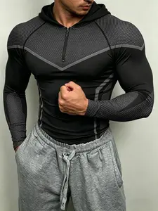 Men's European Style Hooded Fitness Long Sleeve, Honeycomb Mesh Half-Zip Design, High Elasticity Quick-Dry Breathable Compress Fabric