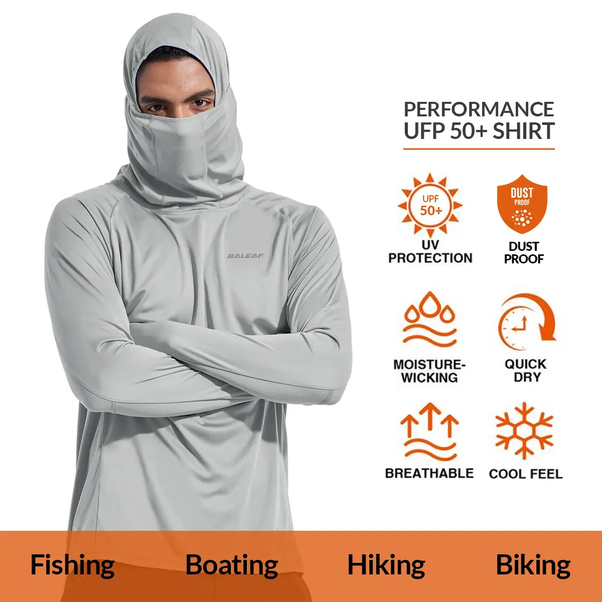 baleaf Men Sun Protection Hoodie Face Mask UPF50+ Long Sleeve Thumbholes UV SPF Shirt Neck Gaiter Fishing Beach Breathable Rash Guards Cool Feel Dust