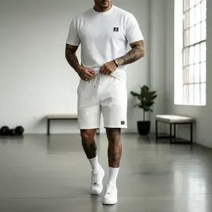 TOOTD Selection - White Argyle 2-Piece Shorts Set for Men, Textured Crewneck T-Shirt & Jogger Shorts, Summer Casual Activewear Tracksuit