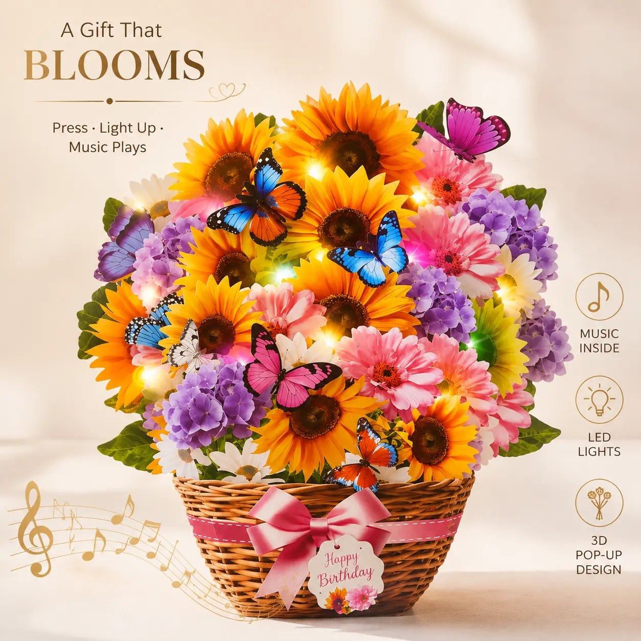 Pop Up Birthday Card Musical Light-Up 10" 3D Sunflower Bouquet Greeting Card Gift for Mom, Grandma, Women, Wife