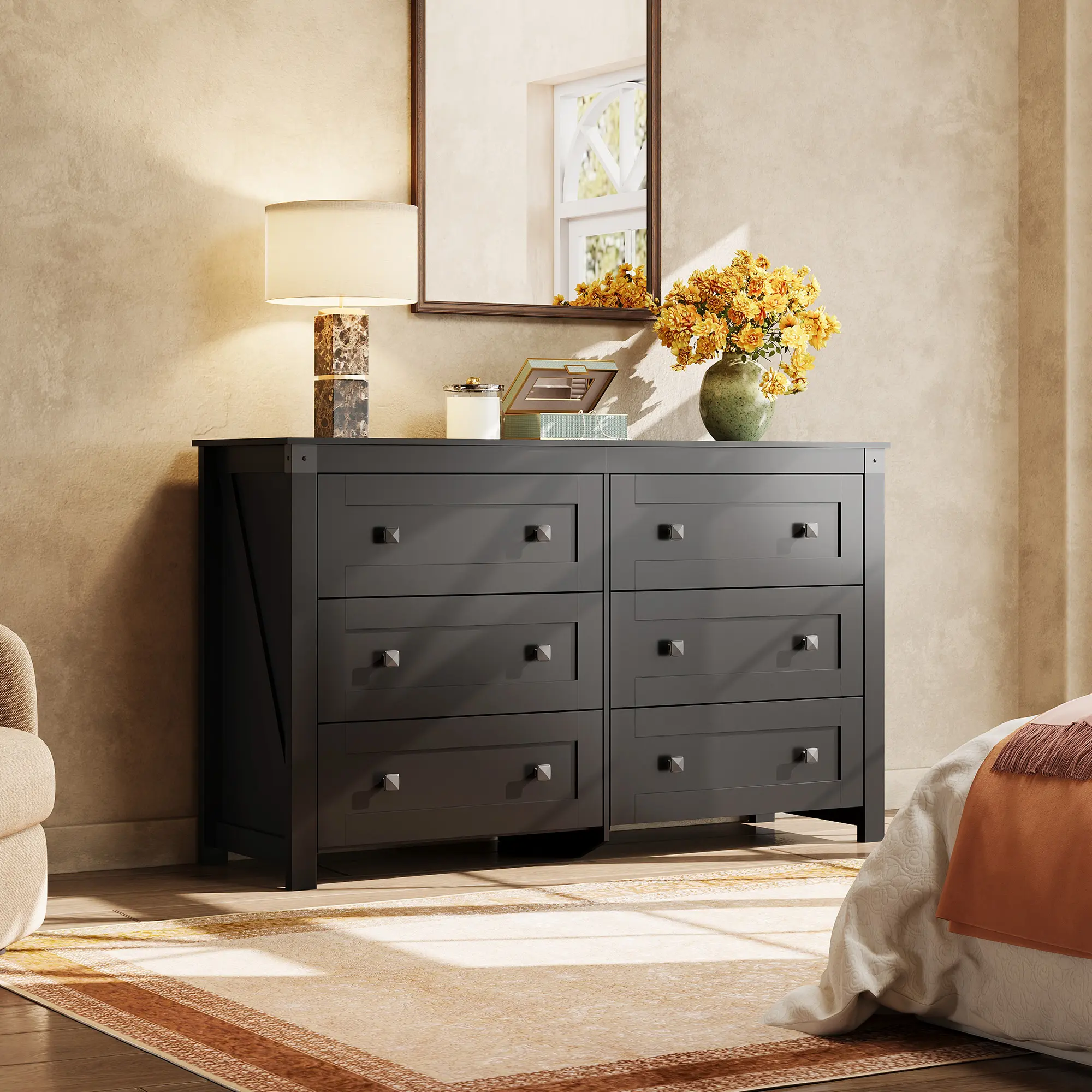 WLIVE Wooden Storage Cabinet Dresser, 53.07'' Wide 6-Drawer Wood Unit with Double Rustic Handles, TV Stand for 60'' TV, Modern Organizer for Bedroom, Living Room, Sideboard Cabinet, Chest Of Drawers