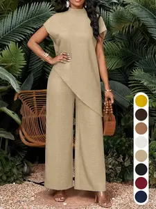 Summer Women's Suit Set, Wide Leg Pants Set, Casual Two-Piece Set, Stand Collar Sleeveless Top, High Waist, Business