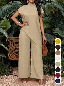 Summer Women's Suit Set, Wide Leg Pants Set, Casual Two-Piece Set, Stand Collar Sleeveless Top, High Waist, Business