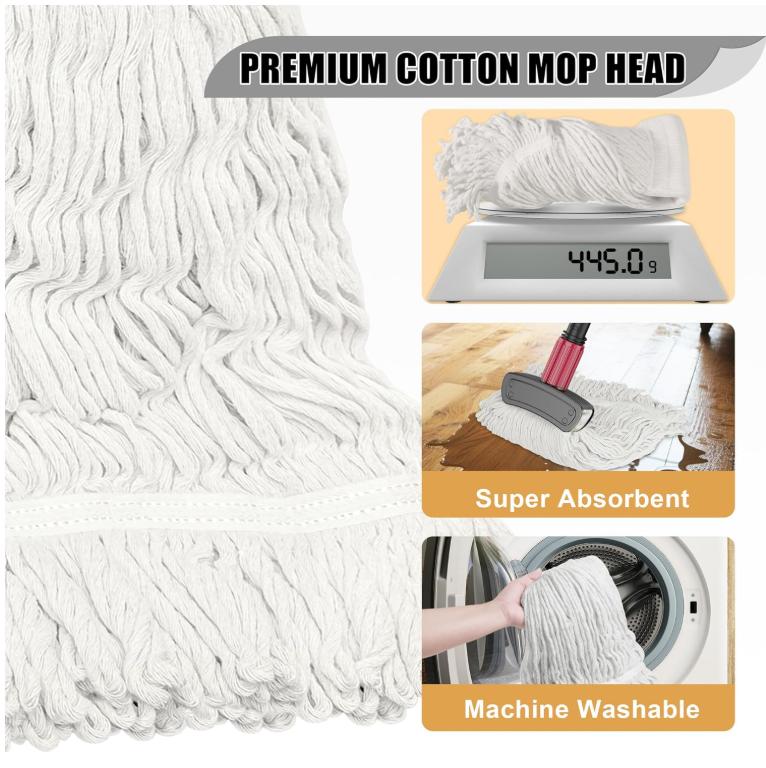 Commercial Mops for Floor Cleaning - Looped-End Heavy Duty Wet Mop with Long Handle for Hardwood Wood Tile Vinyl - Reusable Cotton Head for Home Garage Kichen Bathroom
