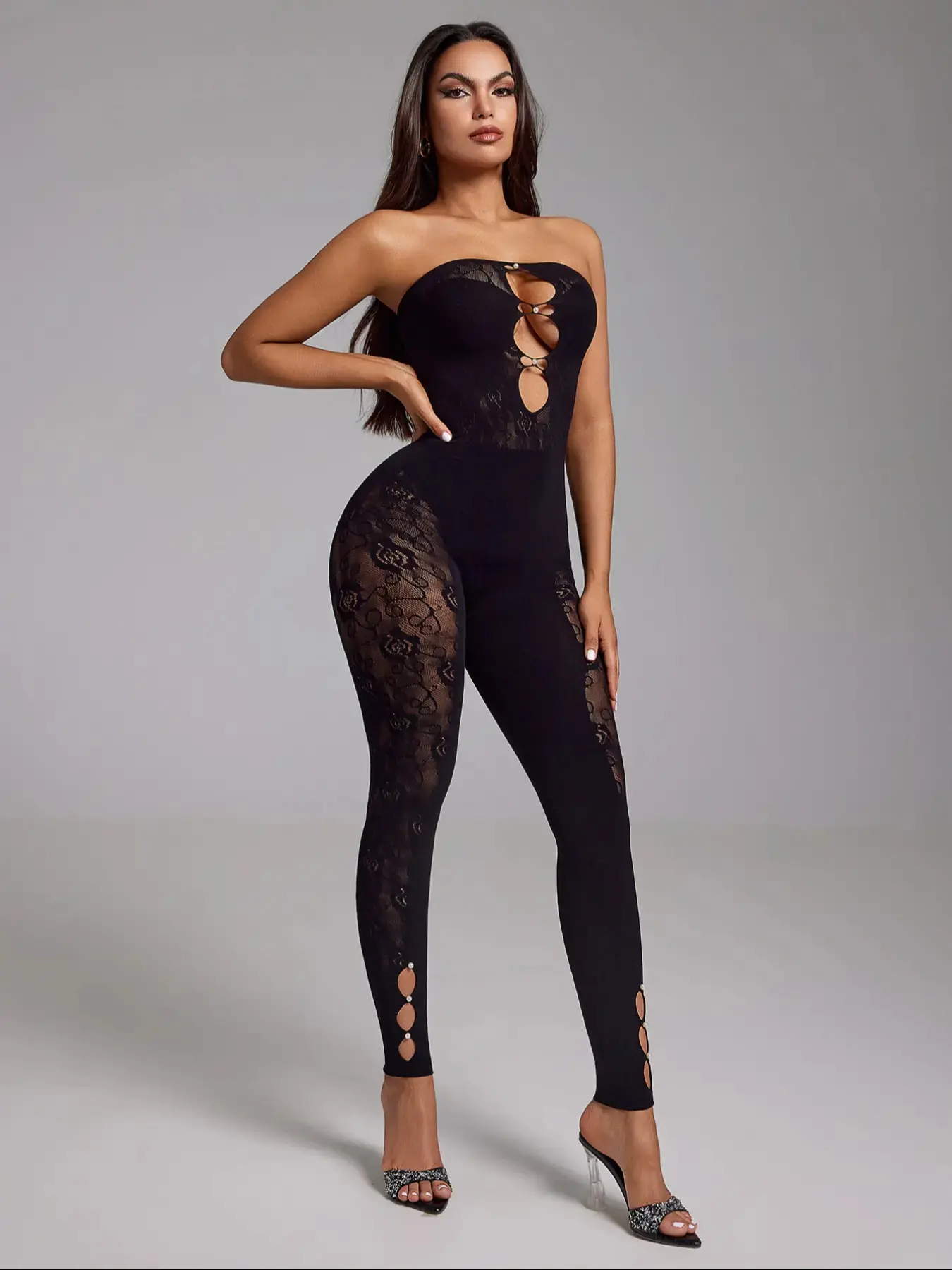 Sexy Chic Elegance Lace Patchwork Strapless Jumpsuit for Women, Sleeveless High Waist Bodycon Fit One-Piece Outfit, Cutout Details, Clubwear & Party Look