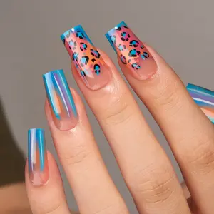 Curvlife long square leopard False Nails patterns prints orange yellow chrome metallic Easy Apply Nail Art