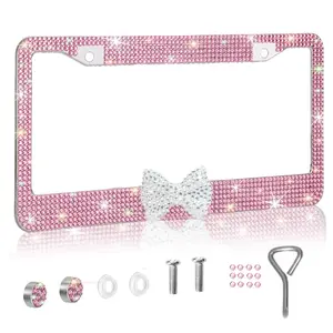 1PC/2PCS Sparkling Fancy License Plate Frames For Women - High-quality Stainless Steel Raine Stone Labels Covered With Handcrafted Crystal Diamonds And Gift Bows, Sparkling Car Parts For Girls, Accessories
