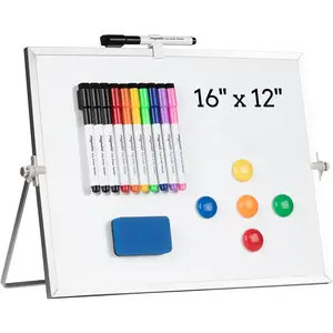 Dry Erase White Board,   Desktop Whiteboard 16 x 12inch with Stand, 10 Markers, 4  and 1 Eraser, Portable Double-Sided White Board for  Drawing, Office, , School