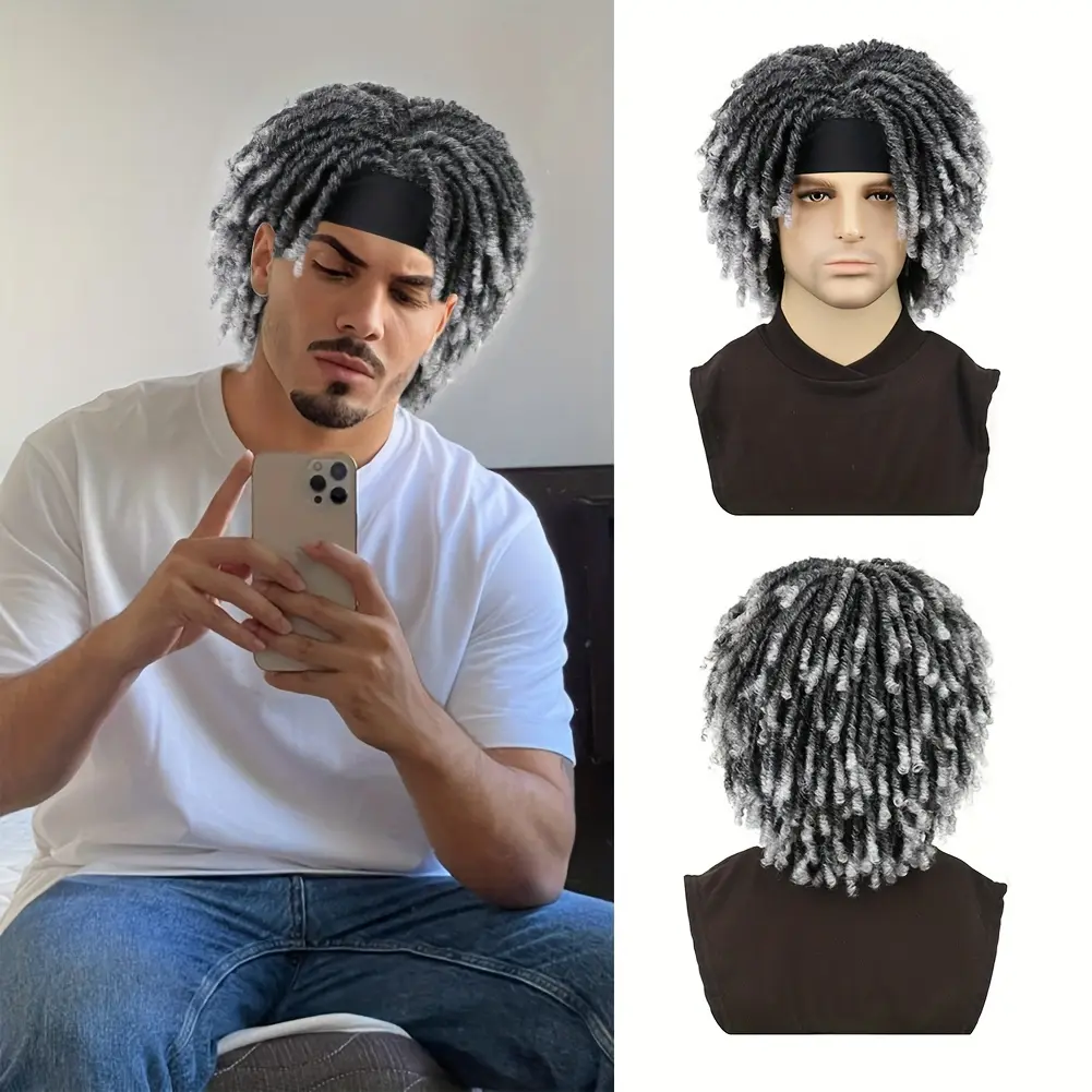 Men’s Synthetic Dreadlock Wig with 6-Inch Headband – Braided Twists & Curly Tips, Daily Wear, Natural Appearance, Adjustable Breathable Cap