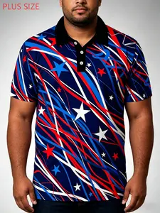 Large Size Men's Patriotic Theme Star Striped Print Polo Shirt, Loose-Fitting Casual Style, Button-Down Design, Ideal for Daily Wear