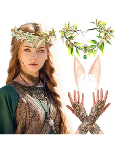 Retro headdress bride dress elf ears and eyebrows falling green head wearing rhinestone hair strap