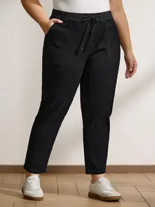 BLOOMCHIC Plus Size Women's High-Waist High-Stretch Black Denim Fitted Jeans - Threaded Waist, Slanted Pockets, Lace-Accented, Full-Length Above-Ankle Bottom Trouser for Casual Workwear [M-6X] (2026 Summer Pick, 2026 Summer Vibes Minimalist Womenswear