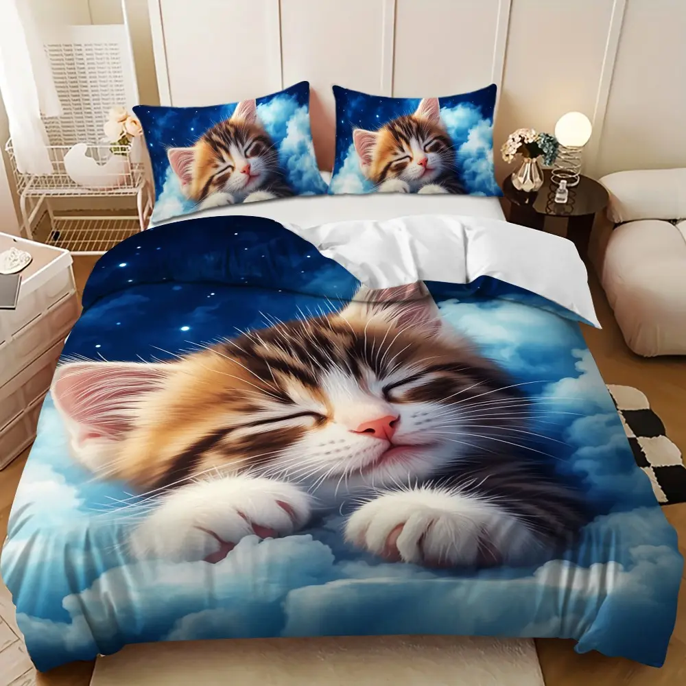 Bedding 3-piece set - 3PCS,Brown and white kitten cloud design down comforter set (1 duvet cover + 2 pillowcases, filling not included).soft and comfortable, suitable for family bedrooms.